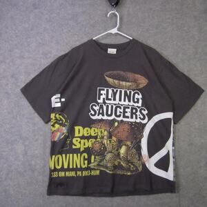 CRTFD Wisdom-T Shirt Mens Medium Black Psychedelic Flying Saucers Mushrooms USA